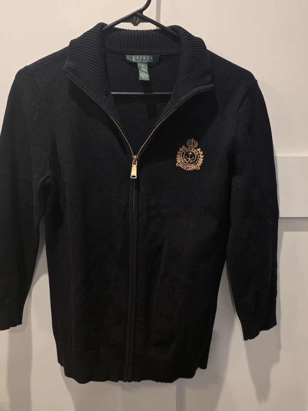 Lauren Ralph Lauren Womens Sweater S Crest Black Full Zip Up Embroidered Logo
